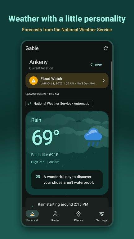 Gable forecast screen with a Flood Watch banner and animated rain card